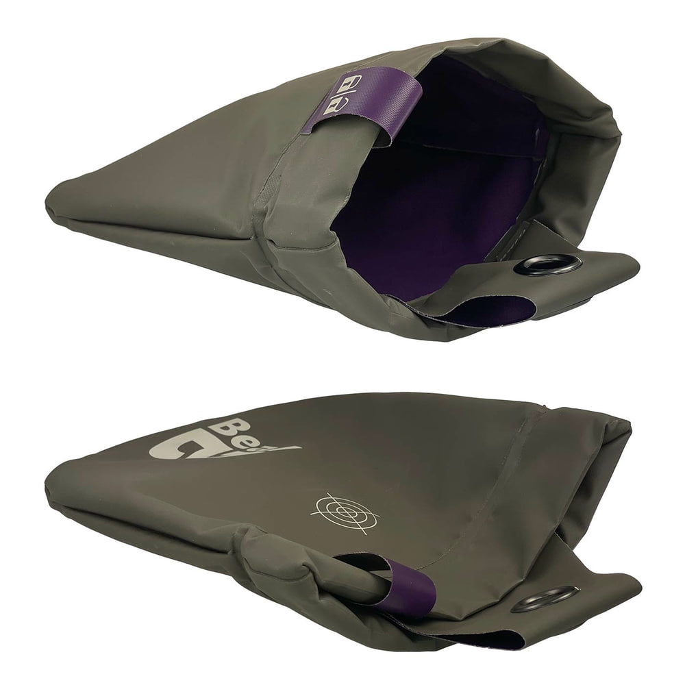 Beal Genius 2 graue Tasche von oben geöffnet, innen violett, mit violettem Verschlussriemen und weißem Logo auf der Vorderseite, mit Zielscheibenmotiv