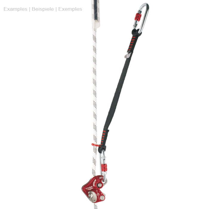 Goblin Lanyard 40, komplettes Set mit schwarzem Band, zwei Karabinern, rotem Kunststoffhaken und rotem Metallgerät an weißem Seil