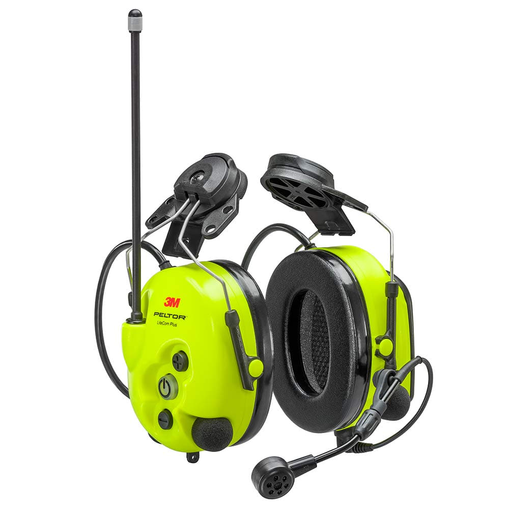 3M Peltor Lite Com Plus gelber Gehörschutz mit Mikrofon und Antenne, von vorne fotografiert