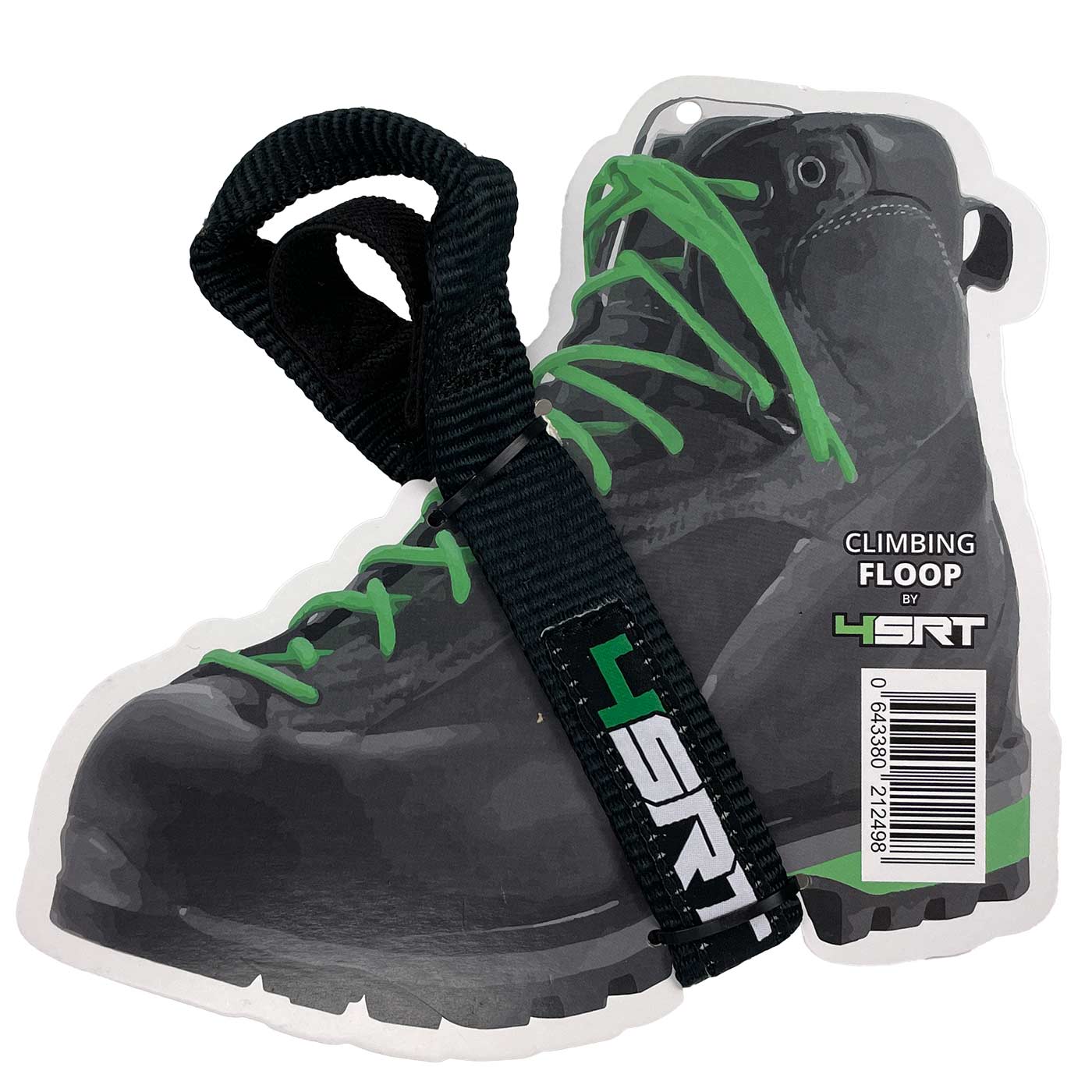 Floop 1 von 4SRT, schwarzer Kletterstiefel mit grünen Schnürsenkeln und einem schwarzen Gurtband mit 4SRT-Logo