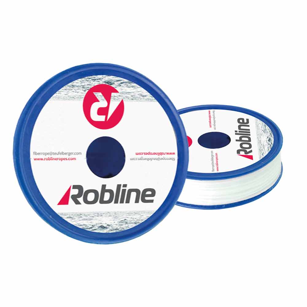 Takelgarn Dyneema von Robline, zwei blaue Kunststoffspulen mit weißem Garn, auf der Vorderseite das Robline-Logo und eine rote 15 auf weißem Hintergrund