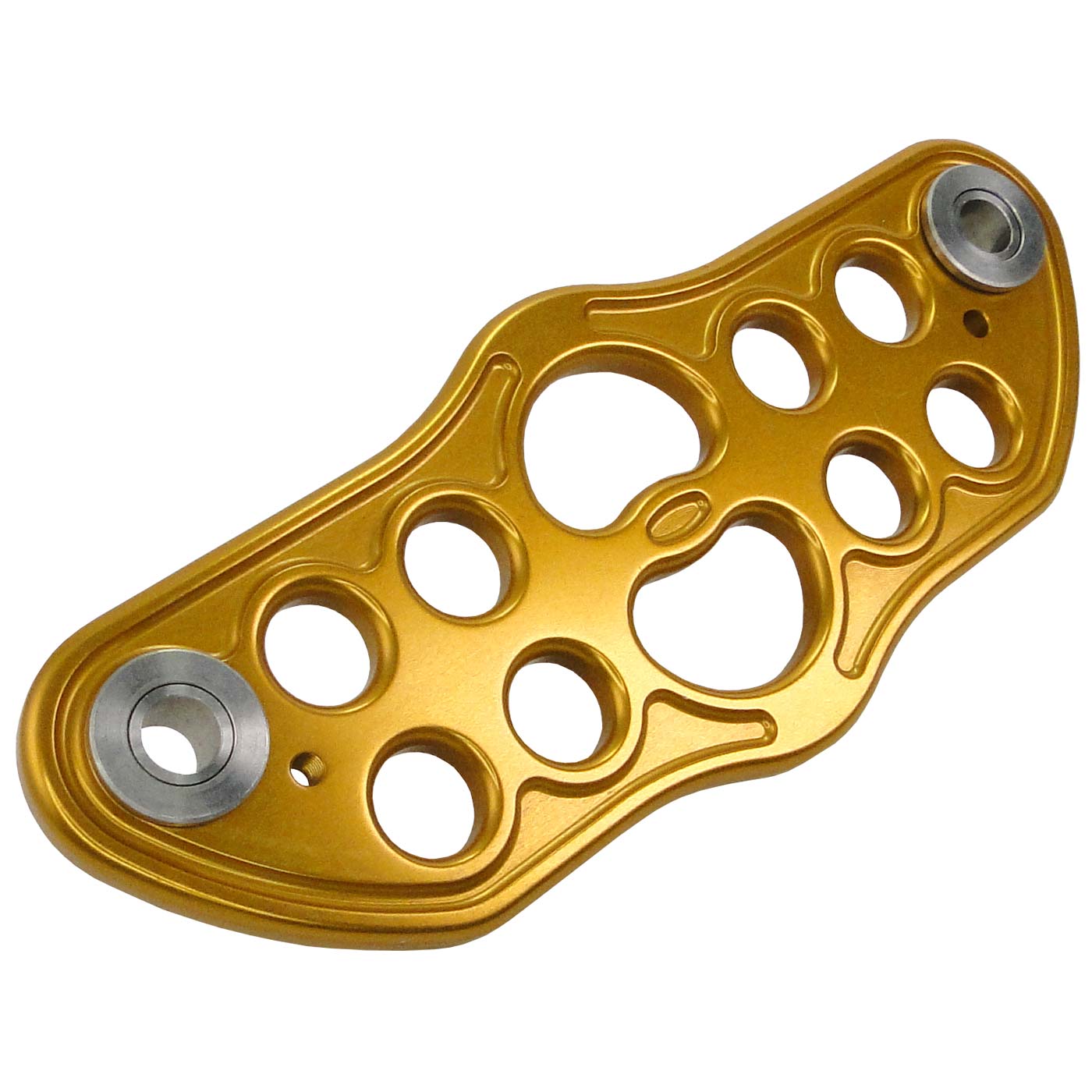 Keanu Trolley Rig Plate Kit, goldfarbene Metallplatte mit mehreren runden Aussparungen und zwei silbernen Einsätzen an den Enden
