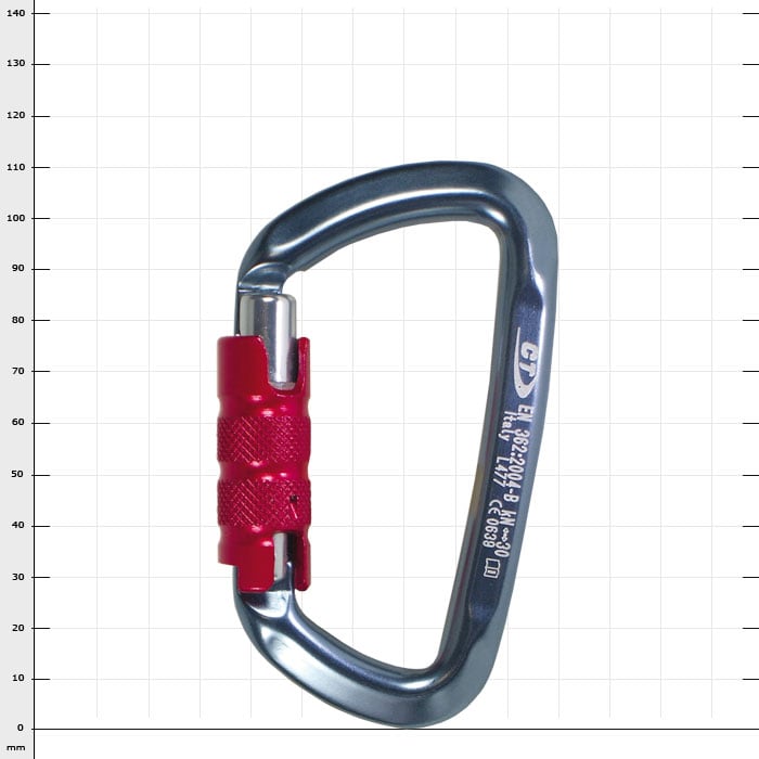 Civetta D-Trilock Karabiner mit silbernem Körper und rotem Verschlussmechanismus, Hersteller GT, Typ D-Trilock