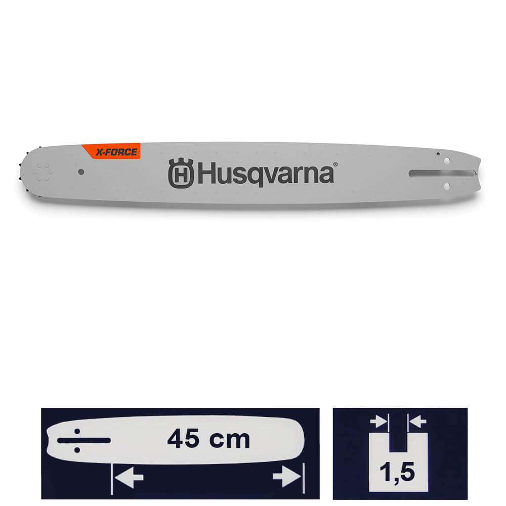 X-Force Schiene 18 / 3/8 SM von Husqvarna, graue Schiene mit schwarzem Husqvarna-Logo und orangefarbenem X-Force Schriftzug, Länge 45 cm und Breite 1,5 mm dargestellt auf zwei kleinen Symbolbildern