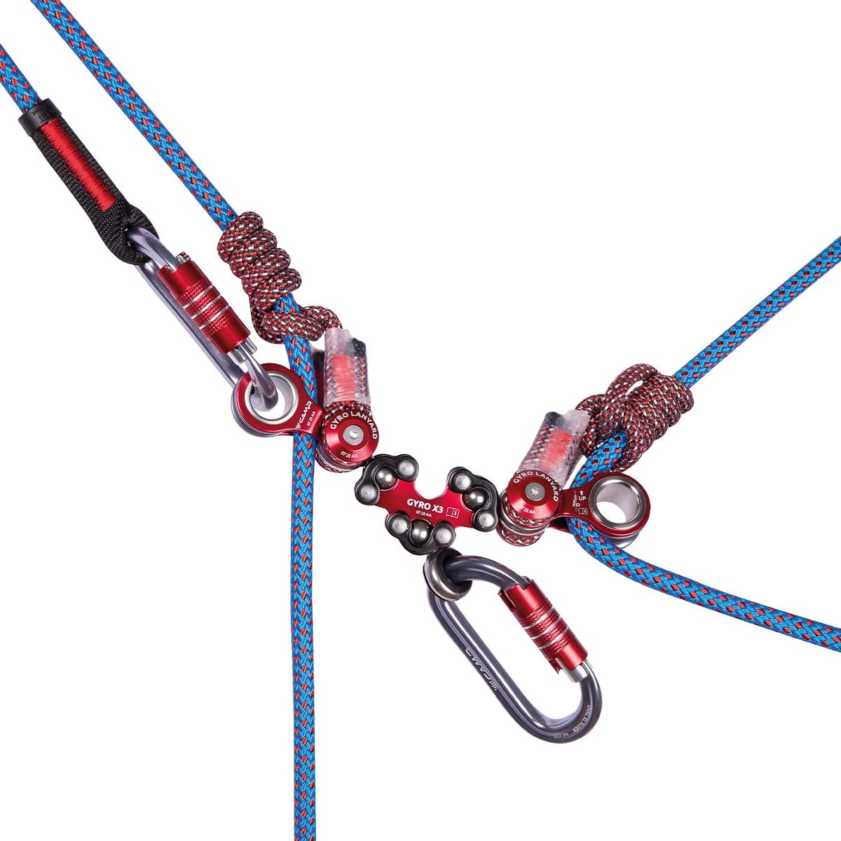 Gyro Lanyard Double mit blauen und roten Kletterseilen, roten Metallrollen, schwarzem Schutzüberzug und zwei grauen Karabinern mit rotem Verschluss