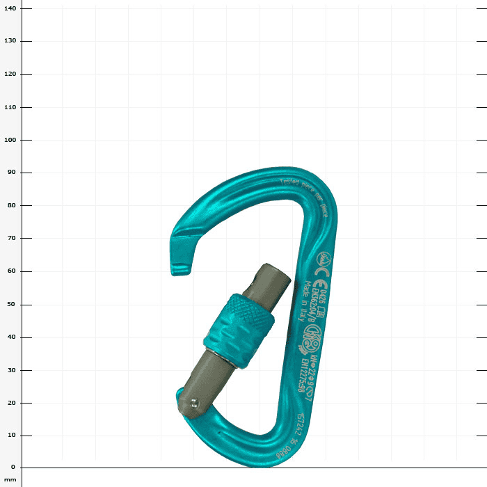 Argon Screw Karabinerhaken in türkis mit grauem Schraubverschluss in geöffneter Position