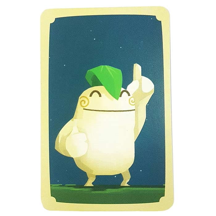 Kodama – Die Baumgeister einzelne Spielkarte mit lachender Figur mit grünem Blatt auf dem Kopf, Kosmos Herstellername nicht sichtbar