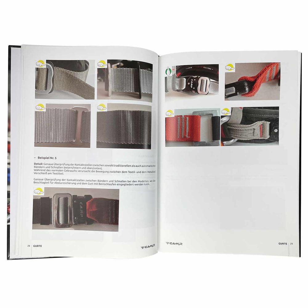 Geöffnete Buchseite mit Fotos von Gurten und Schnallen, Text und Symbolen, Buch von CAMP