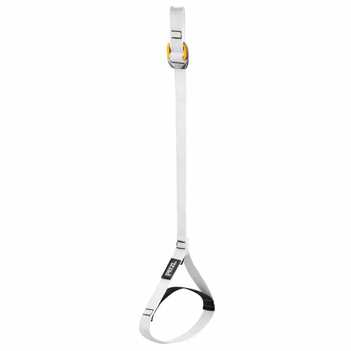 Knee Ascent Loop Unteres Band, weißes Band mit gelb-grauem Verschluss und schwarzem PETZL-Logo