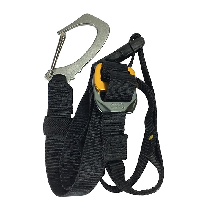 Knee Ascent Oberes Band, schwarzes Band mit silbernem Metallkarabiner und gelb-schwarzem Verschlussmechanismus