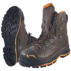 Trekker Mountain 2.0 brauner Bergstiefel mit schwarzer und orangefarbener Sohle und orange-schwarzen Schnürsenkeln, Herstellername nicht sichtbar