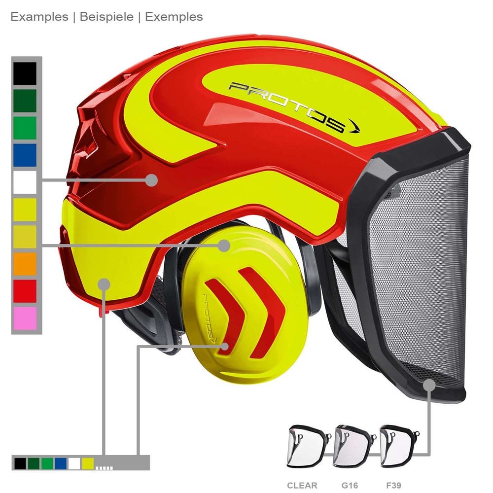 PROTOS Forest Helm in Rot und Gelb mit integriertem Gehörschutz und Schutzvisier