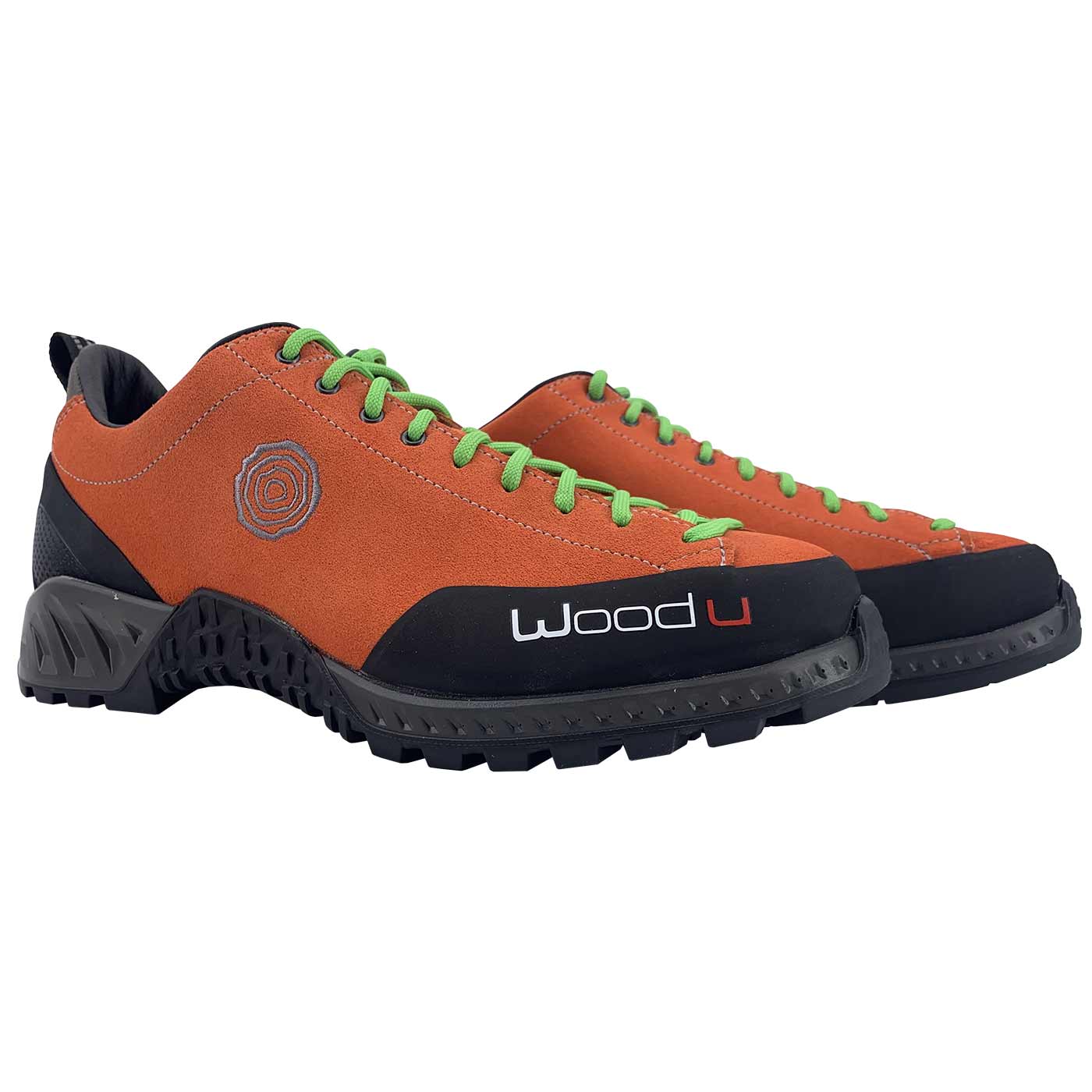 Woodu Leaf orange mit grünen Schnürsenkeln, Paaransicht von vorne, Hersteller Woodu
