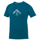 Furry 1.0 blaues T-Shirt mit Rundhalsausschnitt und kurzem Arm, auf der Brust ein Logo mit Bergsteigern im Bergpanorama