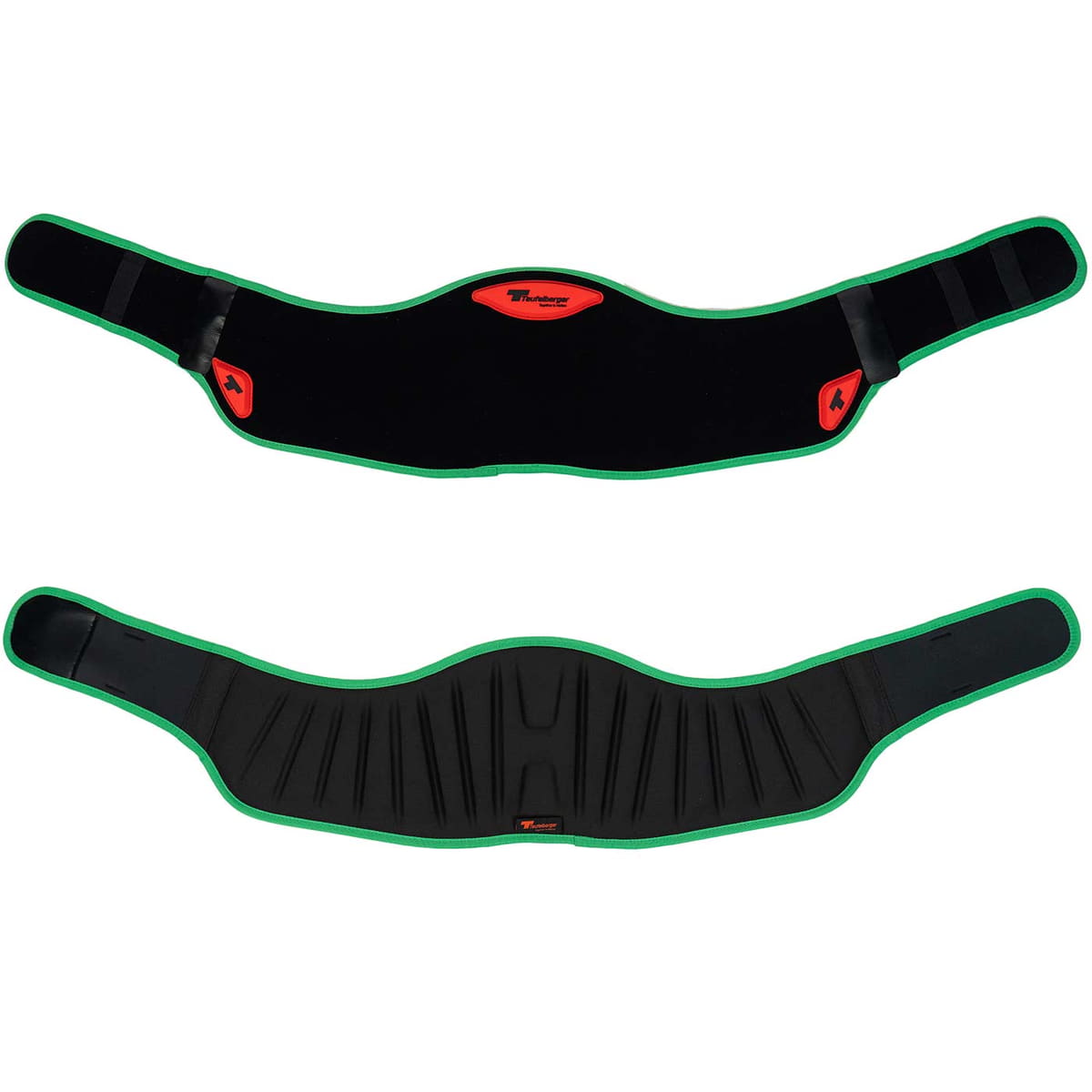 treeMOTION Ultra Comfort Padding, zwei schwarze Polster mit grünem Rand, eines mit glatter Oberfläche und rotem Teutoburger Logo, das andere mit gepolsterter Oberfläche und rotem Teutoburger Logo