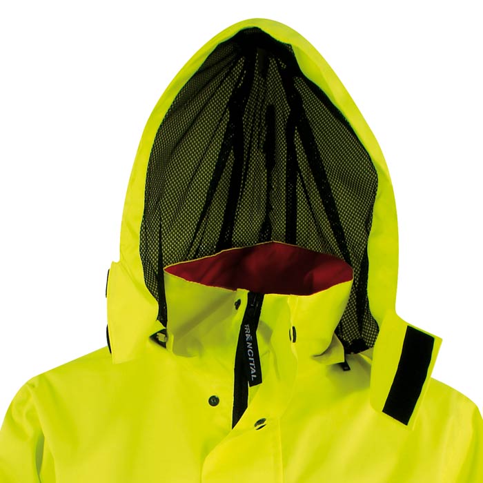 Saugues Parka, Nahaufnahme der Kapuze mit Netzfutter und rotem Innenfutter, Herstellername Francital sichtbar