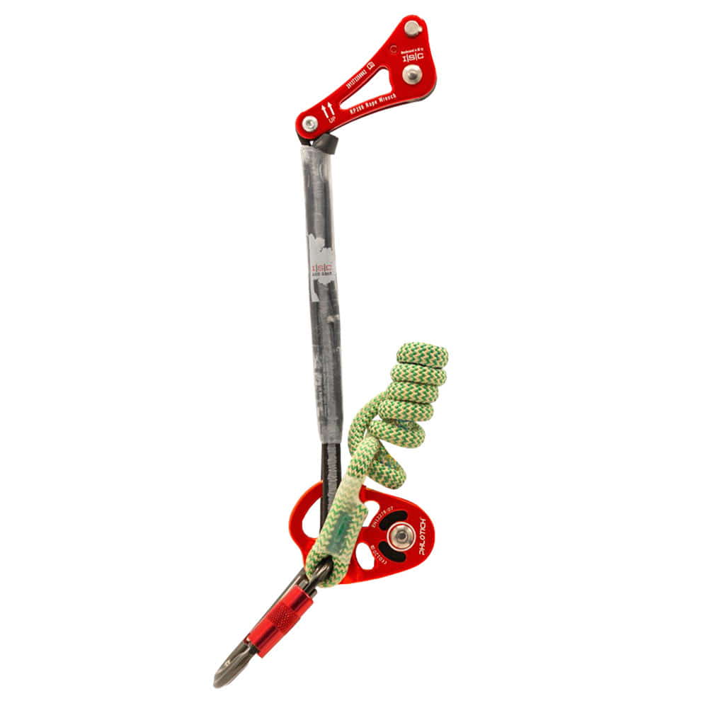 Rope Wrench Double PPE Regulations System mit rotem Metallhebel, schwarzem Griff und grün-weißem Seil mit Karabinerhaken
