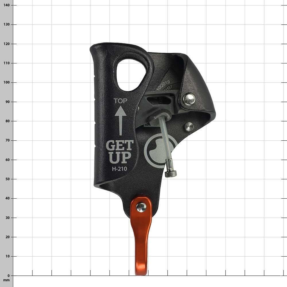 Schwarzes Klettersteigset Get Up H-210 mit orangem Metallhaken und silbernem Bolzen, seitliche Ansicht