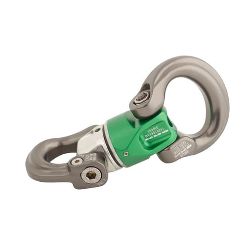 Mini-Swivel Nexus 1, ein drehbarer Karabinerhaken mit grünem Mittelteil und silbernen Haken, seitlich fotografiert auf weißem Hintergrund