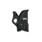 Micrograb von Petzl, schwarzes Klettergerät mit rundem Griff und Pfeil nach oben vor weißem Hintergrund