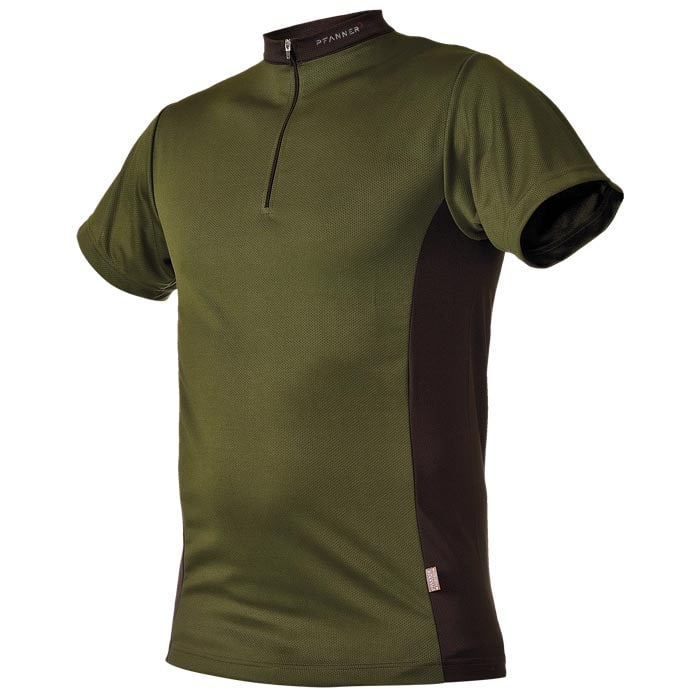 Zipp-Neck Shirt in olivgrün mit schwarzem Einsatz an den Seiten, kurzem Reißverschluss und Herstellername Pfanner auf dem Kragen