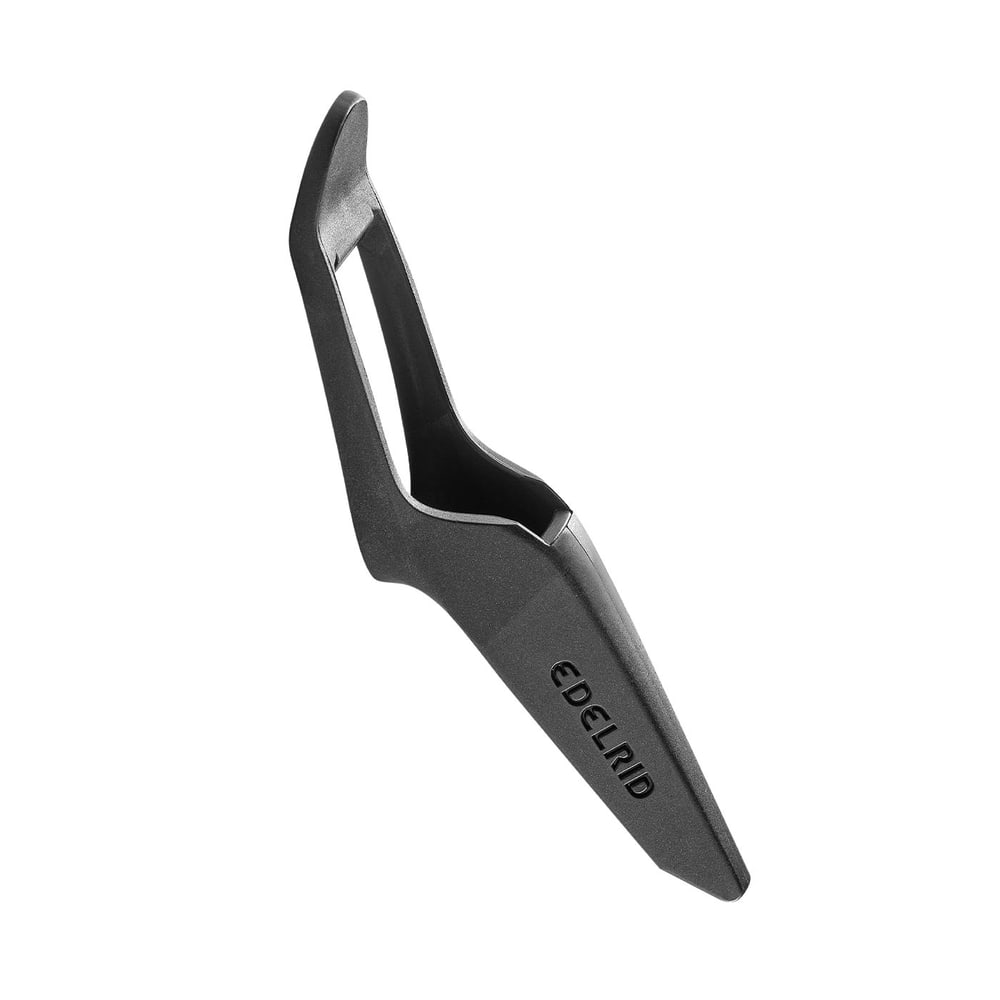Talon Spike Protector von Edelrid, schwarzer Kunststoff-Spikeschutz mit offenem Design und Schriftzug Edelrid auf der Seite
