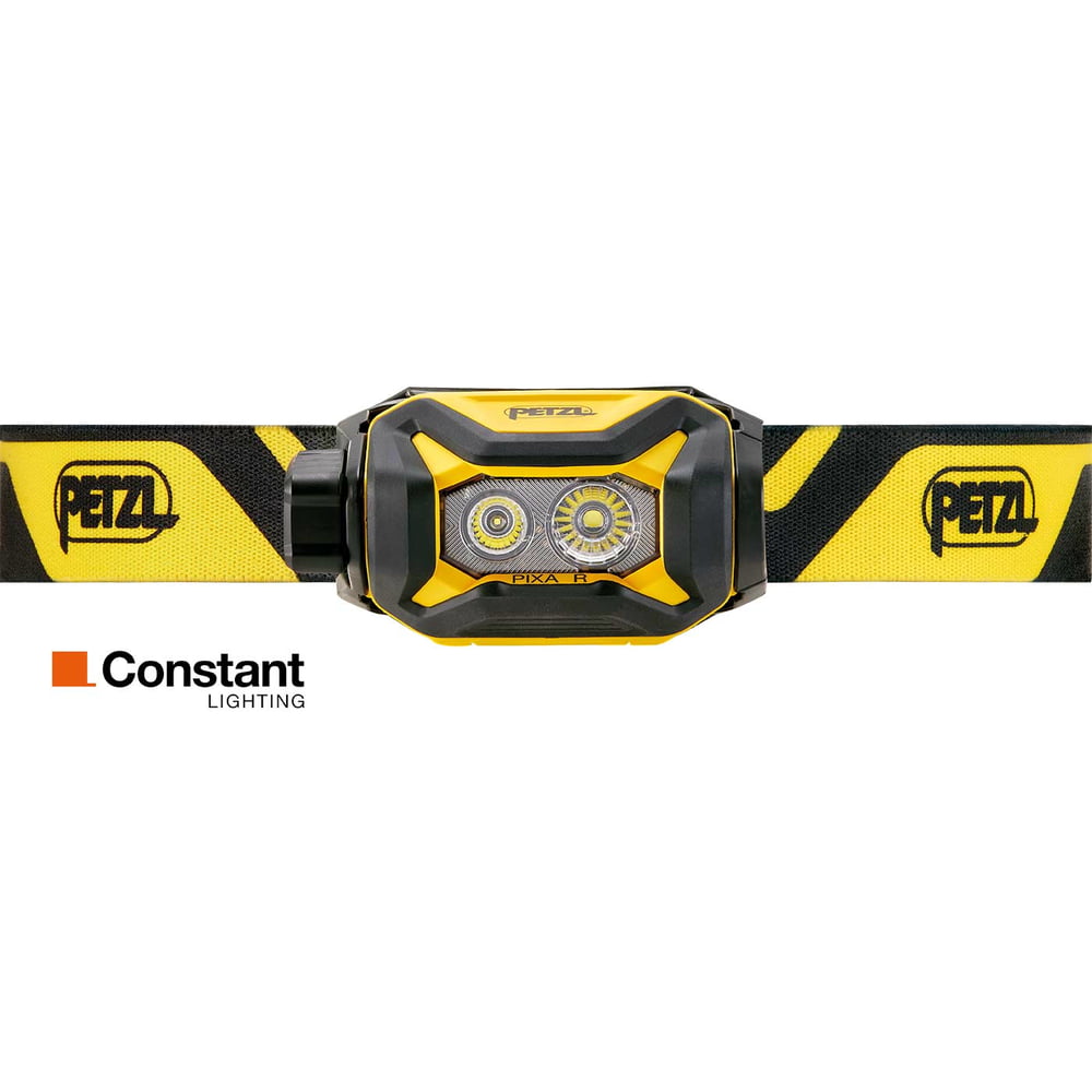 Petzl Pixa R Stirnlampe mit gelb-schwarzem Kopfband, frontal mit zwei Leuchtlinsen und Petzl-Logo auf dem Band