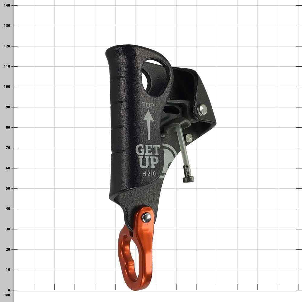 Schwarzes Klettersteigset Get Up H-210 mit orangem Metallhaken und silbernem Bolzen, frontale Ansicht