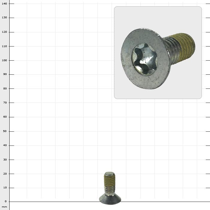 Distel Senkkopf Torx M8x20 Schraube mit Senkkopf und Torx-Antrieb, Hersteller Distel, Größe M8x20, abgebildet vor einem karierten Hintergrund mit einer vergrößerten Ansicht des Schraubenkopfs oben rechts