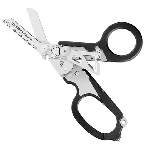 Leatherman Raptor Rettungsschere mit schwarzem Griff und ausgeklappten Werkzeugen, darunter eine Klinge mit Zentimeter-Skala, aus Metall und Kunststoff