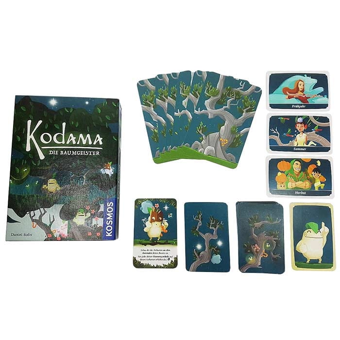 Kodama – Die Baumgeister Kartenspiel mit Spielbox, mehreren Karten mit Baum- und Figurenmotiven, Kosmos Herstellername sichtbar