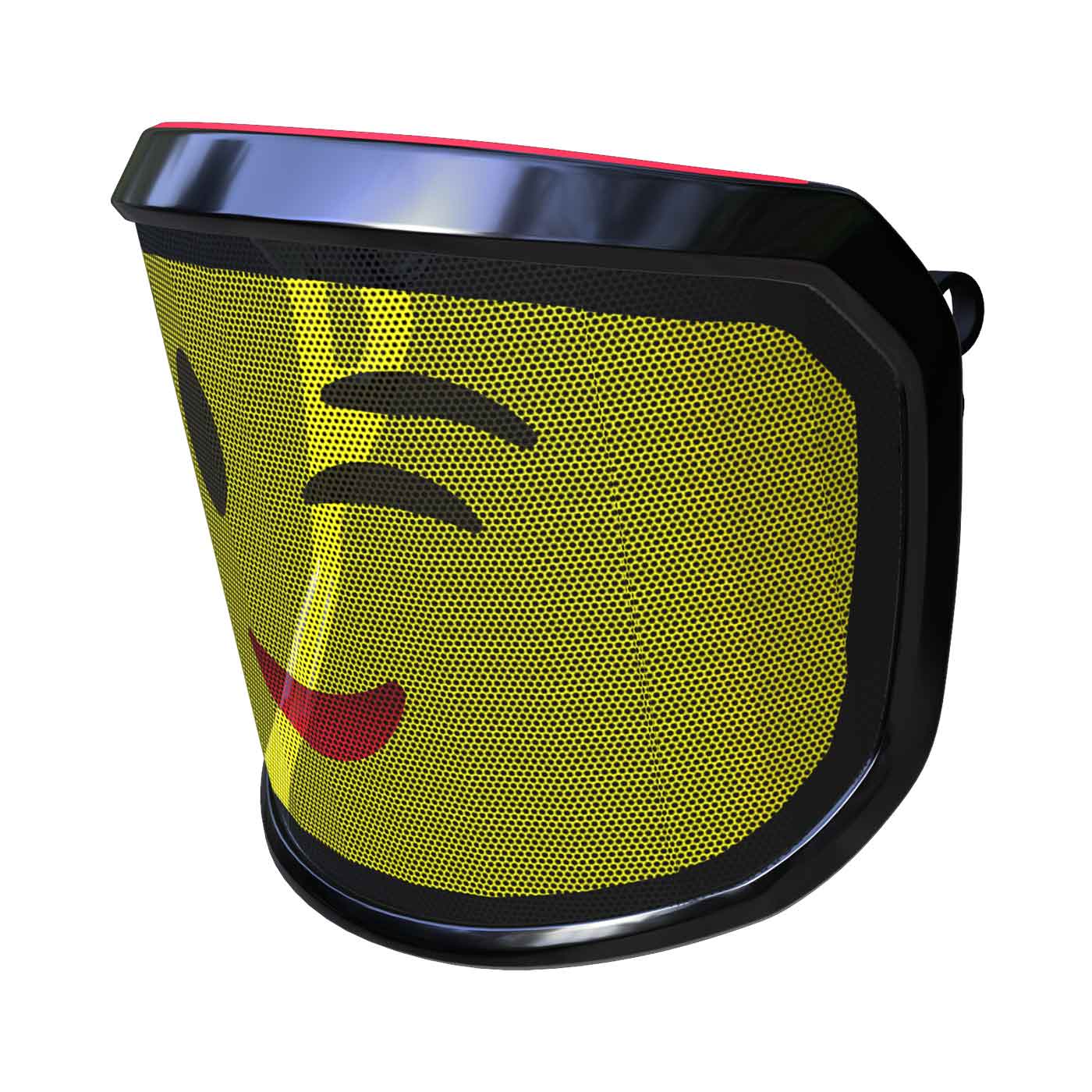 PROTOS® Visier Arbormoji mit gelbem Gitter und zwinkerndem Emoji-Gesicht, schwarzer Rahmen und roter Oberkante, seitliche Ansicht von rechts
