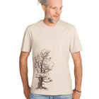 Mann trägt Stone Pine Tree T-Shirt in beige mit schwarzem Baum-Design, Blick nach rechts