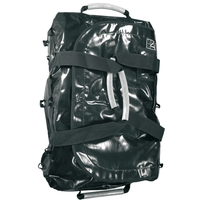 Multiuse Tasche in Schwarz mit mehreren schwarzen Gurten und zwei weißen Griffen