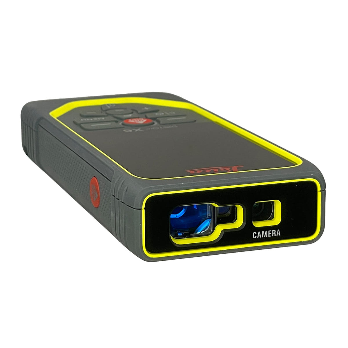Leica Disto X6 Laser-Entfernungsmesser von oben mit sichtbarer Kamera und Laseröffnung, graues Gehäuse mit gelber Umrandung, Hersteller Leica Geosystems