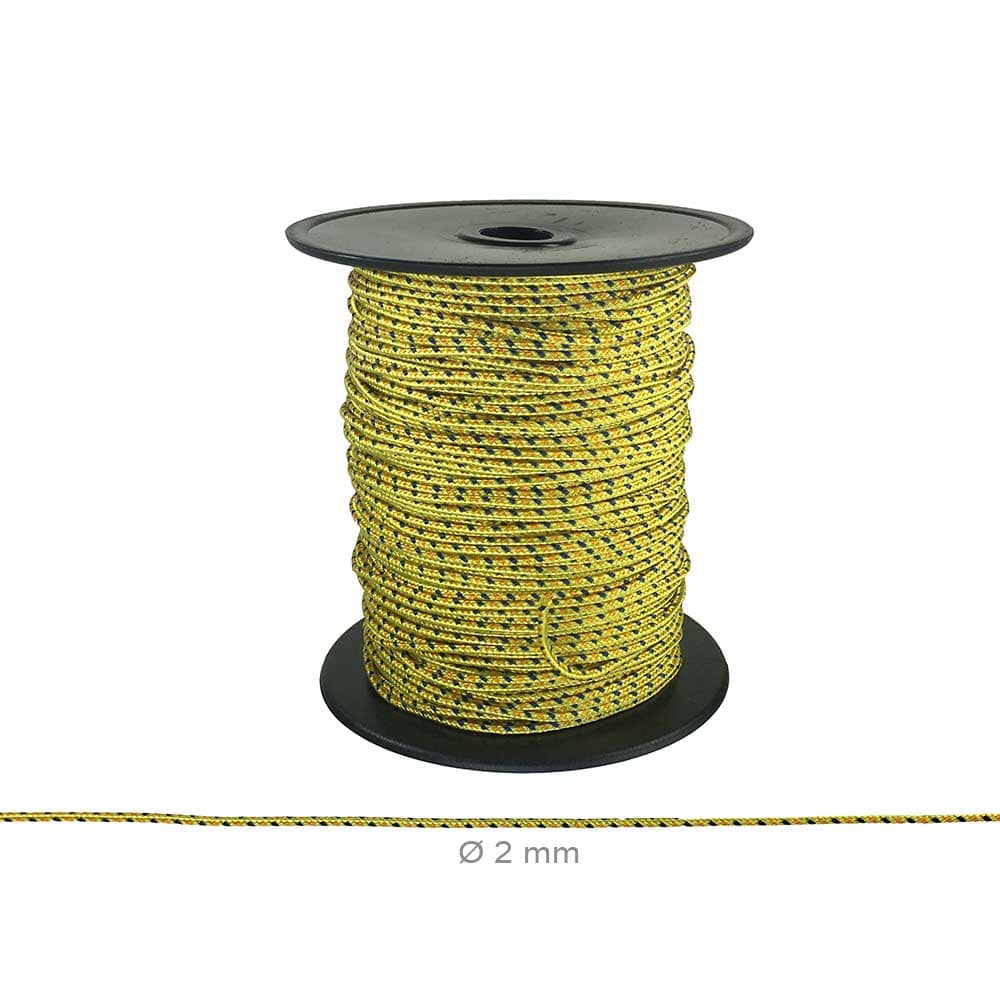 Multicord gelb-schwarzes Seil mit Muster auf schwarzer Spule, Durchmesser 2 mm, Produktname sichtbar auf der Spule