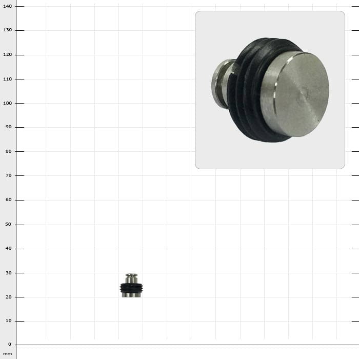 SpikeSender Verschlussbolzen, kleiner metallischer Bolzen mit schwarzen Dichtungsringen auf einem karierten Hintergrund, daneben eine vergrößerte Nahaufnahme des gleichen Bolzens.