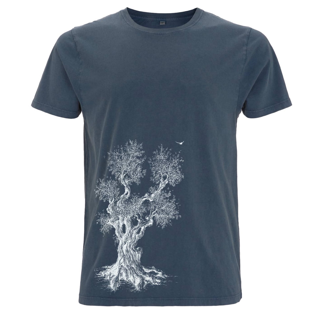 Olive Tree T-Shirt, dunkelblaues T-Shirt mit rundem Ausschnitt und weißem Druck eines Olivenbaums auf der Vorderseite