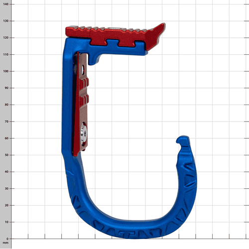 skyHOOK Open Gate in Blau und Rot, seitliche Ansicht von der anderen Seite mit sichtbaren Details und Struktur