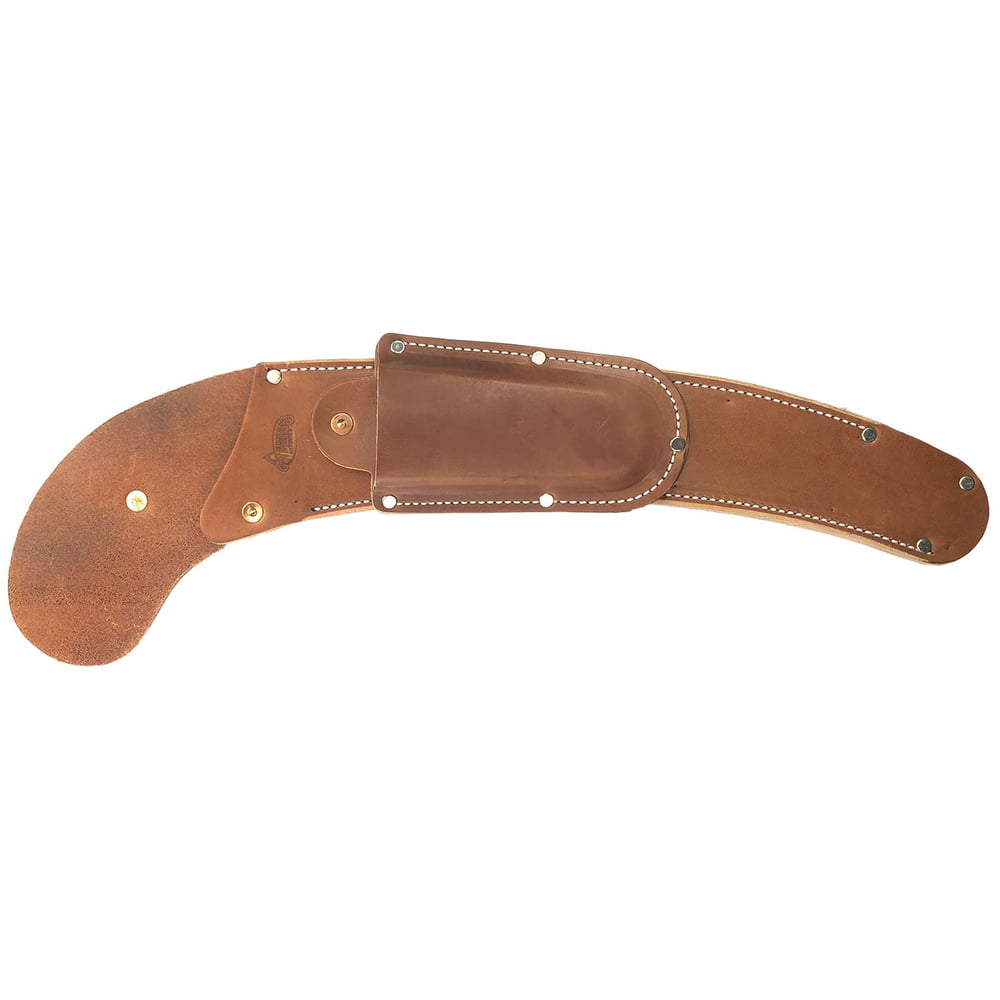 Lederholster KR/S aus braunem Leder mit weißen Nähten und Metallnieten, flach ausgelegt