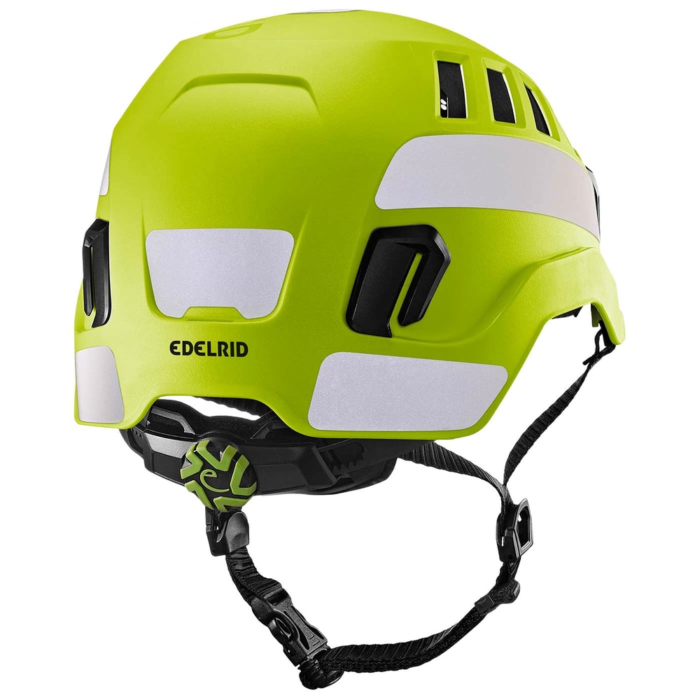Tectum Air Hi-Viz Kletterhelm von Edelrid in leuchtgelb mit weißen Reflektoren und schwarzem Kinnriemen, Rückansicht mit verstellbarem Rädchen