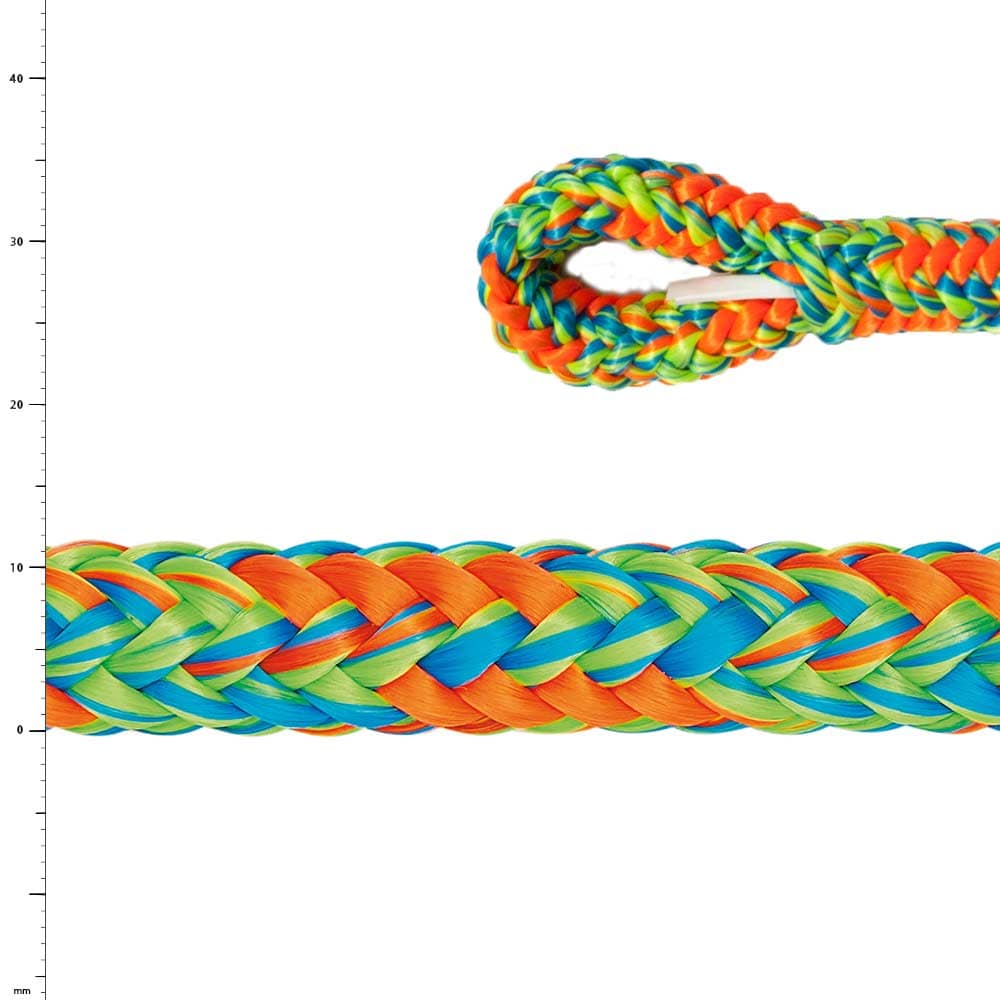Komora bunt geflochtenes Seil mit orange, grün, blau und gelb, Nahaufnahme eines Endes mit Schlaufe