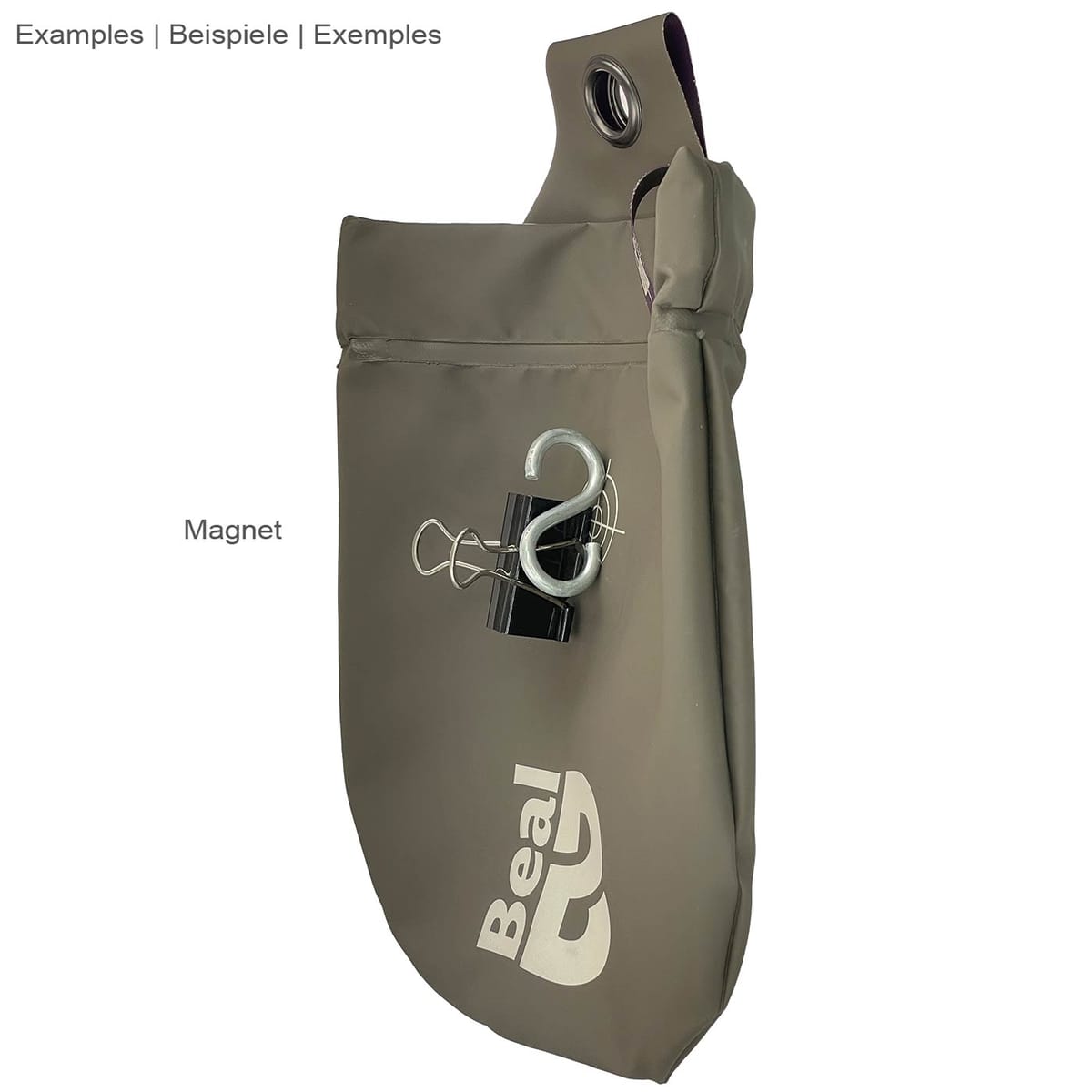 Beal Genius 2 graue Tasche mit violettem Verschlussriemen und weißem Logo auf der Vorderseite, mit Zielscheibenmotiv, an der Seite befestigter Magnet mit Metallhaken und schwarzer Klammer