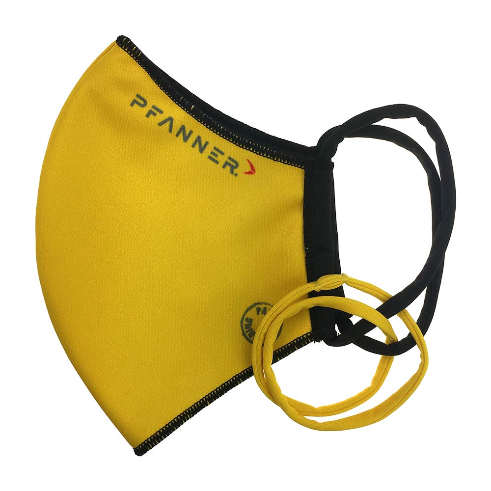 PFANNER® Wendemaske gelb mit schwarzem Rand, schwarzem Gummiband und zwei zusätzlichen gelben Gummibändern, Logo PFANNER® oben auf der Maske