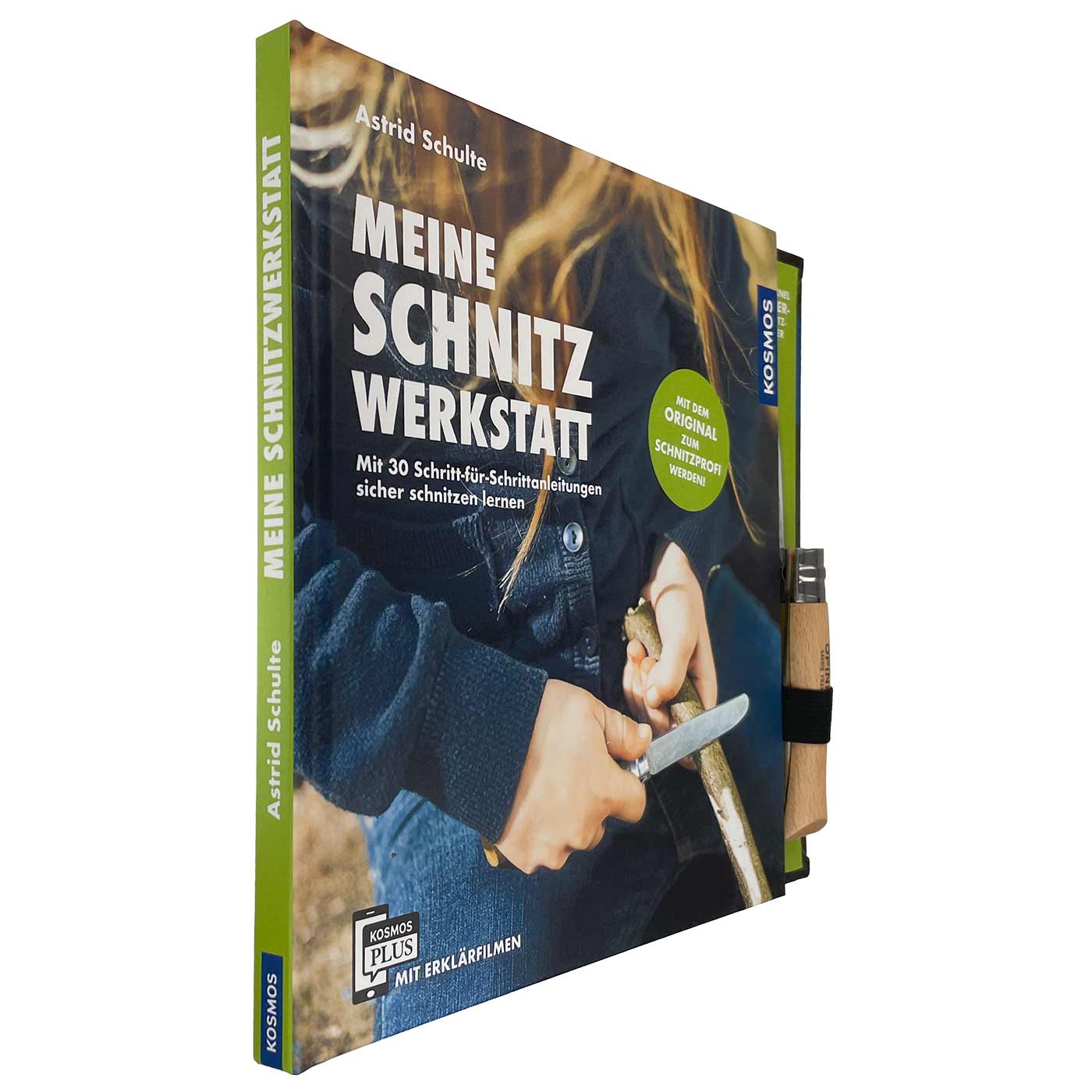 Kosmos Meine Schnitzwerkstatt von Astrid Schulte, Buch mit grünem Buchrücken und Messer mit Holzgriff, seitliche Ansicht des Produkts