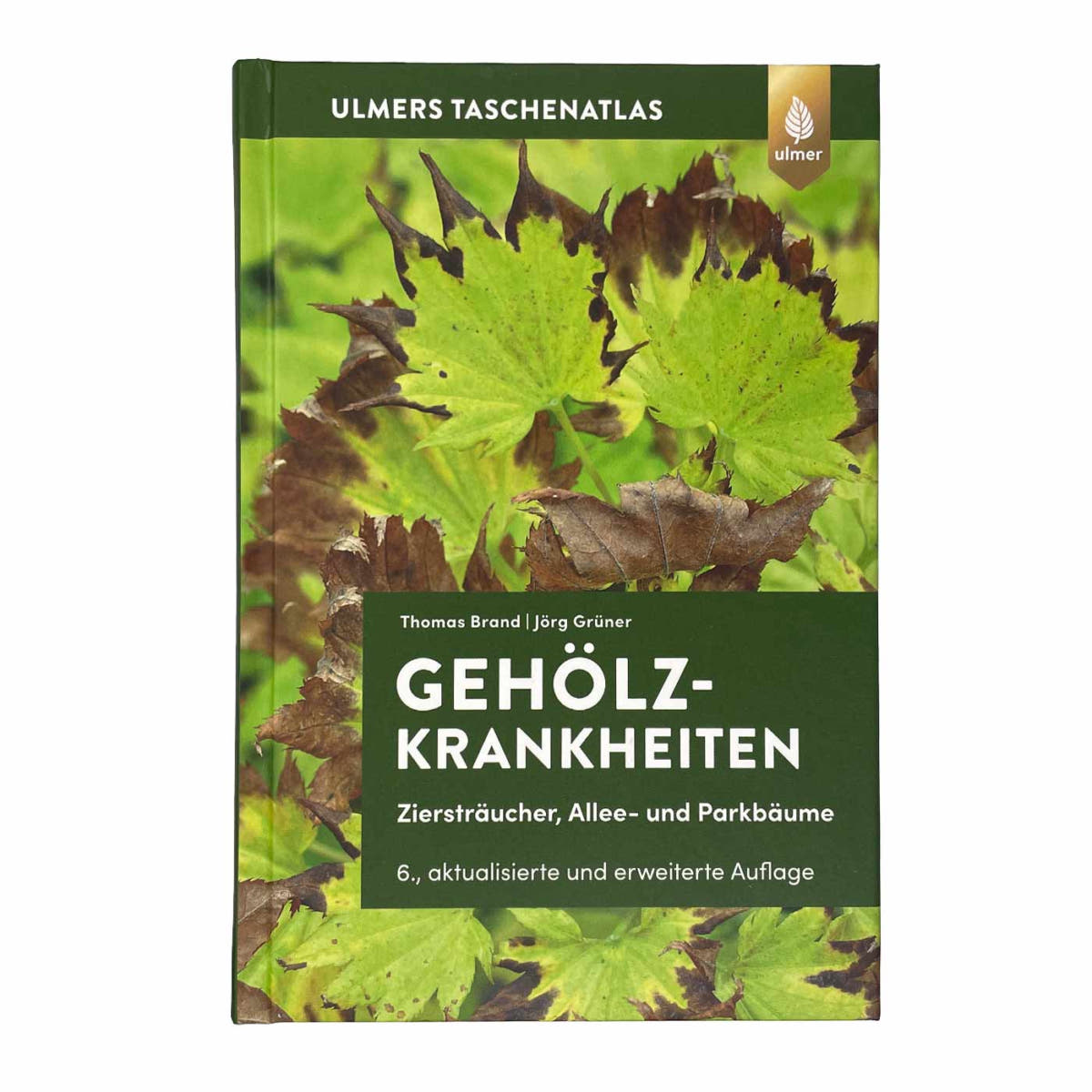 Buch Farbatlas Gehölzkrankheiten von Thomas Brand und Jörg Grüner, Verlag Ulmer, mit grünem Cover und Bild von grünen und braunen Blättern