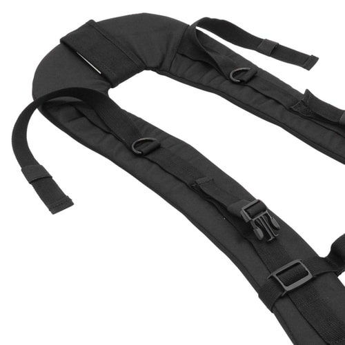 Nahaufnahme der schwarzen Mule Shoulder Straps mit Polsterung, verstellbaren Riemen, Schnallen und D-Ringen