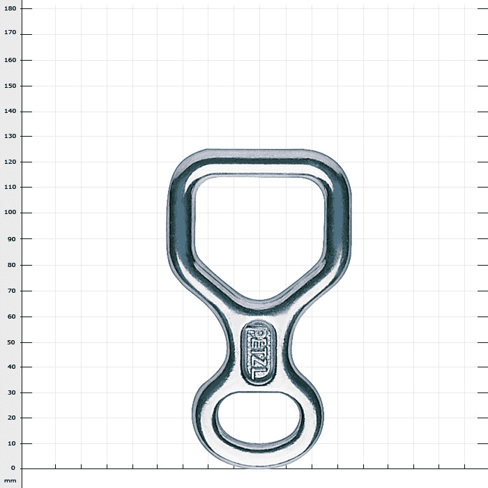 Huit von Petzl, silbernes Abseilgerät aus Metall mit zwei unterschiedlich großen Öffnungen und dem eingravierten Markennamen Petzl