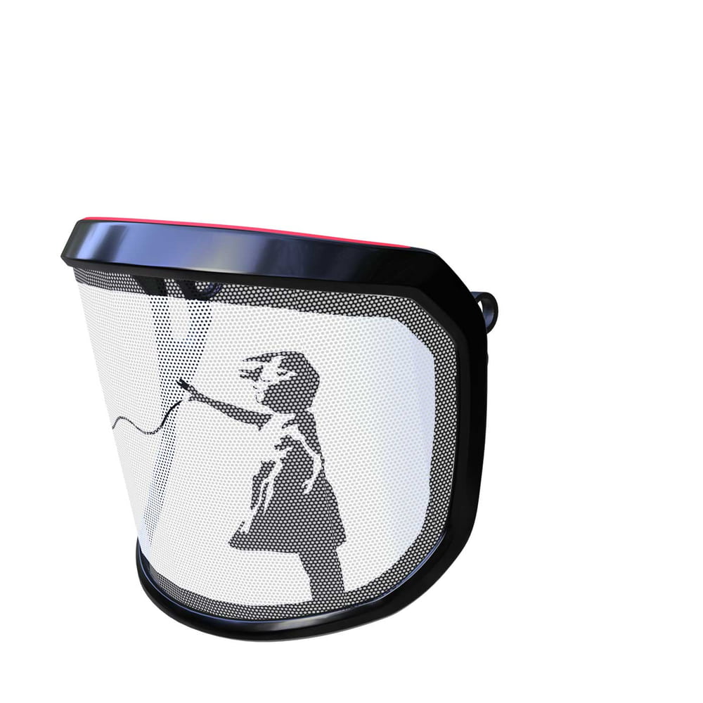 PROTOS® Visier Special Edition seitliche Ansicht mit schwarzem Rahmen und Motiv eines Mädchens, das nach einem roten Luftballon greift