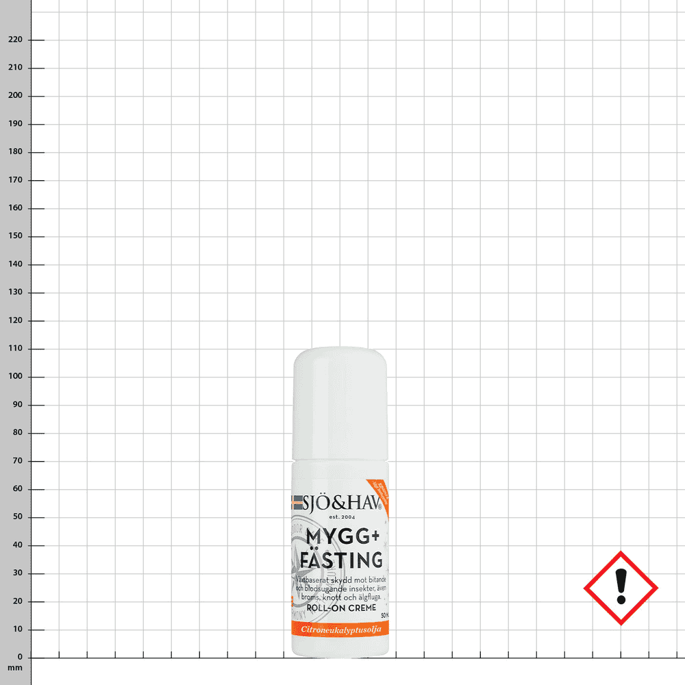 Mücke+Zecke Roll On, weißer Roll-On-Flakon mit Aufschrift SJÖ&HAV MYGG+FÄSTING und oranger Markierung, daneben ein rotes Warnsymbol mit Ausrufezeichen